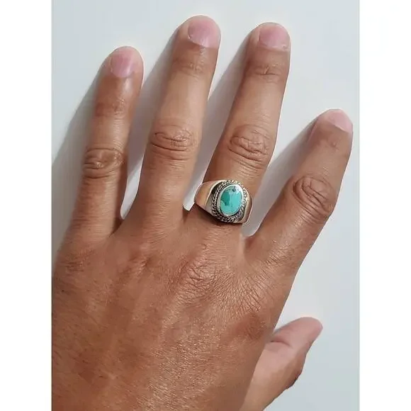 Genuine Turquoise Men's Ring, Sterling Silver 925 Stamped Ring, Signet Band